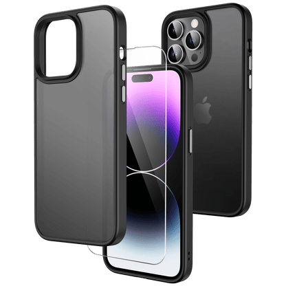 2 in 1 Elegant Frosted Black Case with Screen Protector Bundle for iPhone 14 Pro